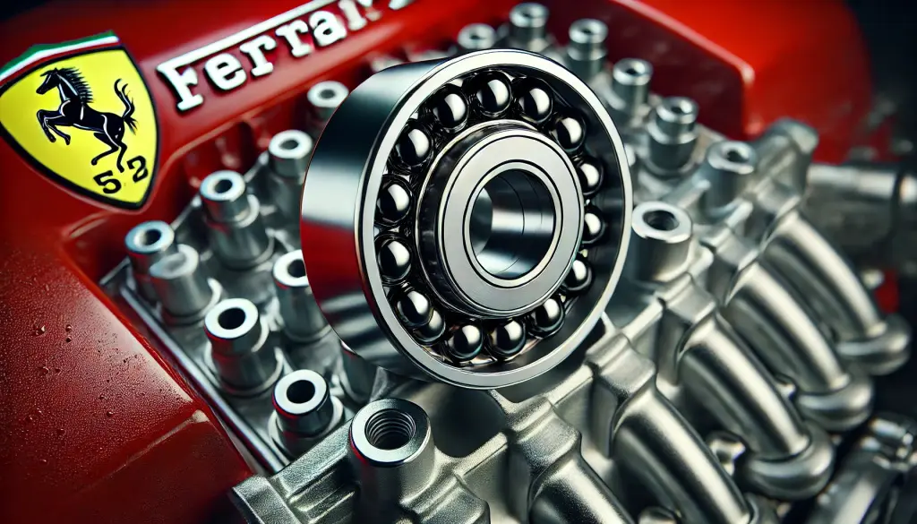 Ultra-realistic macro photograph of a silicon nitride ceramic bearing installed inside a Ferrari engine component. The bearing is partially embedded i.jpg